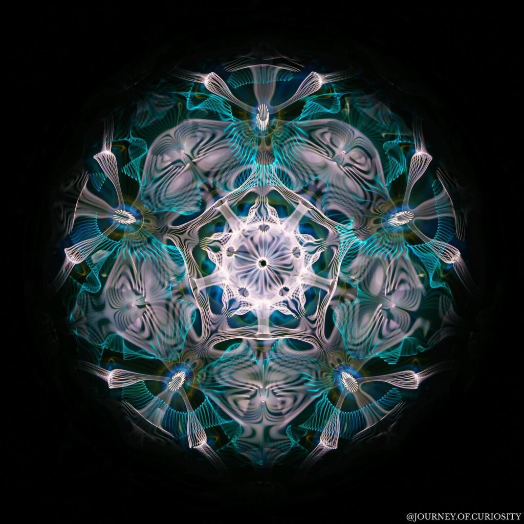 The inspiration for the particular frequency used to create this image came from the Schumann Resonance: Earth's resonant vibrational frequency. The Earth has an electromagnetic field surrounding and protecting all living things with a natural frequency pulsation of 7.83 hertz, along with progressively weaker harmonics at around 14.3, 20.8, 27.3, and 33.8 Hz. These oscillations are called the Schumann resonances